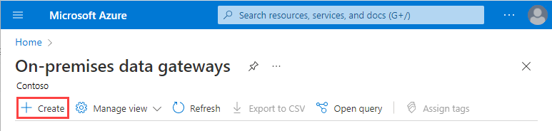 Schermopname van de pagina voor on-premises gegevensgateways met de geselecteerde optie voor Maken.