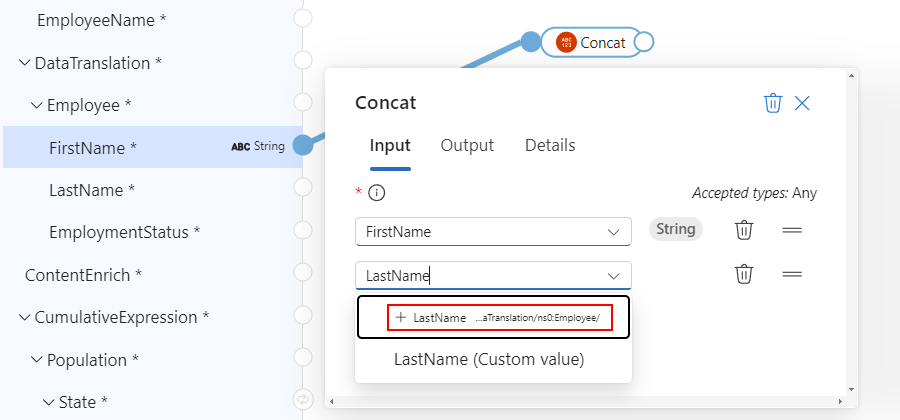 Screenshot showing multiple source data elements selected as function inputs.