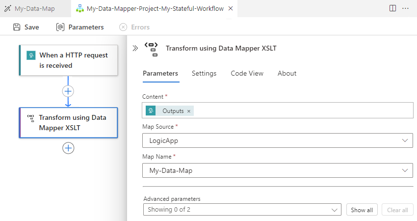 Schermopname van Visual Studio Code, Standard-werkstroomontwerper, met de geselecteerde actie Transformeren met behulp van Data Mapper XSLT en actie-eigenschappen.