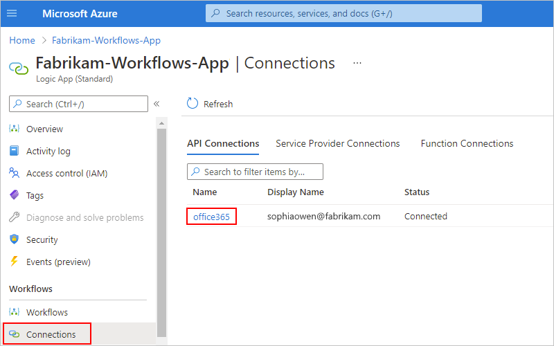 Schermopname van het menu Azure Portal en logische app met de verbindingsresourcenaam 'Verbindingen' en 'office365' geselecteerd.