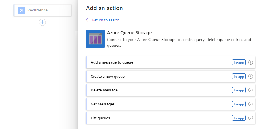 Schermopname van Azure Portal, ontwerper voor stateful werkstroom voor logische apps standard met Azure Queue Storage-connector met acties.