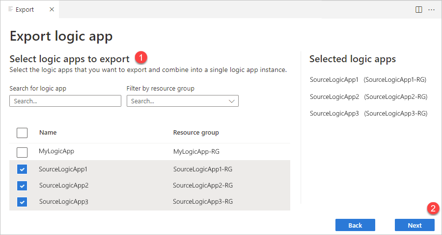 Schermopname van de sectie Logische apps selecteren die u wilt exporteren, met logische apps geselecteerd voor export.