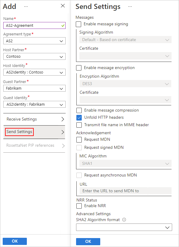 Schermopname van Azure Portal- en AS2-overeenkomstinstellingen voor uitgaande berichten.