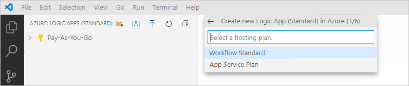 Schermopname van de prompt om Werkstroomstandaard of App Service-plan te selecteren.