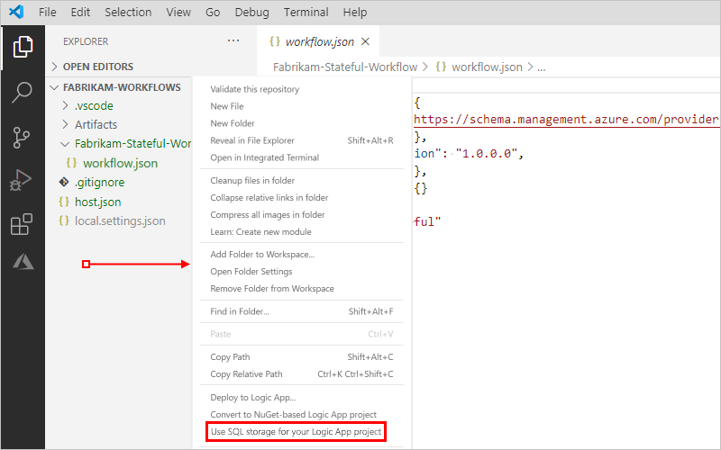 Schermopname van het deelvenster Visual Studio Code, het verkennervenster en de muiswijzer in de hoofdmap van het project in een leeg gebied, het geopende snelmenu en 'SQL-opslag gebruiken voor uw logic app-project' geselecteerd.