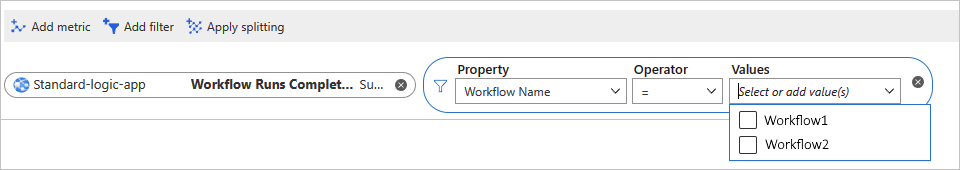 Schermopname van het voorbeeld van een filter voor metrische gegevens toegevoegd voor de standaard logische app.