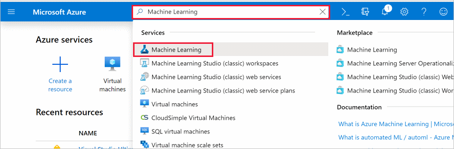 Schermopname van het zoeken naar een Azure Machine Learning-werkruimte.