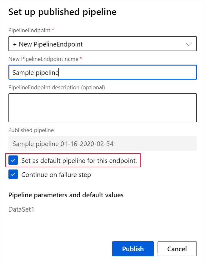 Schermopname van het instellen van gepubliceerde pijplijn met ingesteld als standaardpijplijn voor dit eindpunt ingeschakeld.