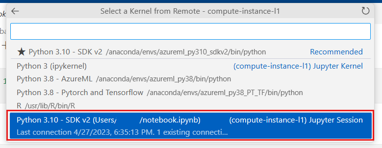 Schermopname van het selecteren van de kernel in VS Code.