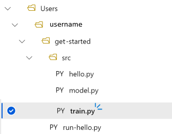 Mapstructuur toont train.py in de submap van src