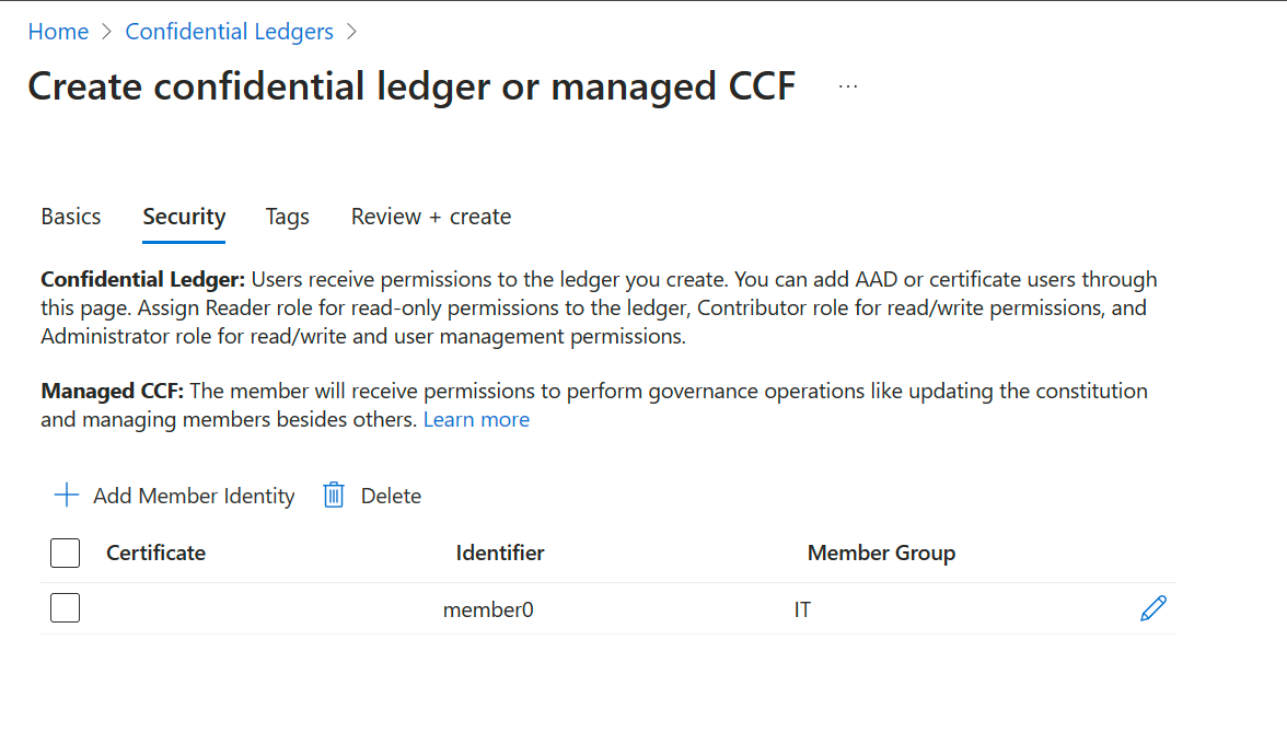 A screenshot of the Managed CCF resource security tab screen.