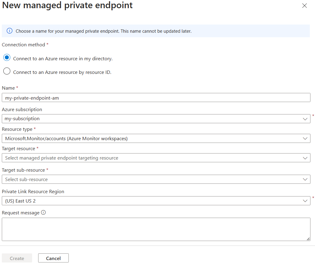 Schermopname van de details van het nieuwe beheerde privé-eindpunt in Azure Portal voor de Azure Monitor-werkruimte.