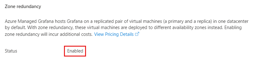 Schermopname van Azure Portal. Zoneredundantie controleren.
