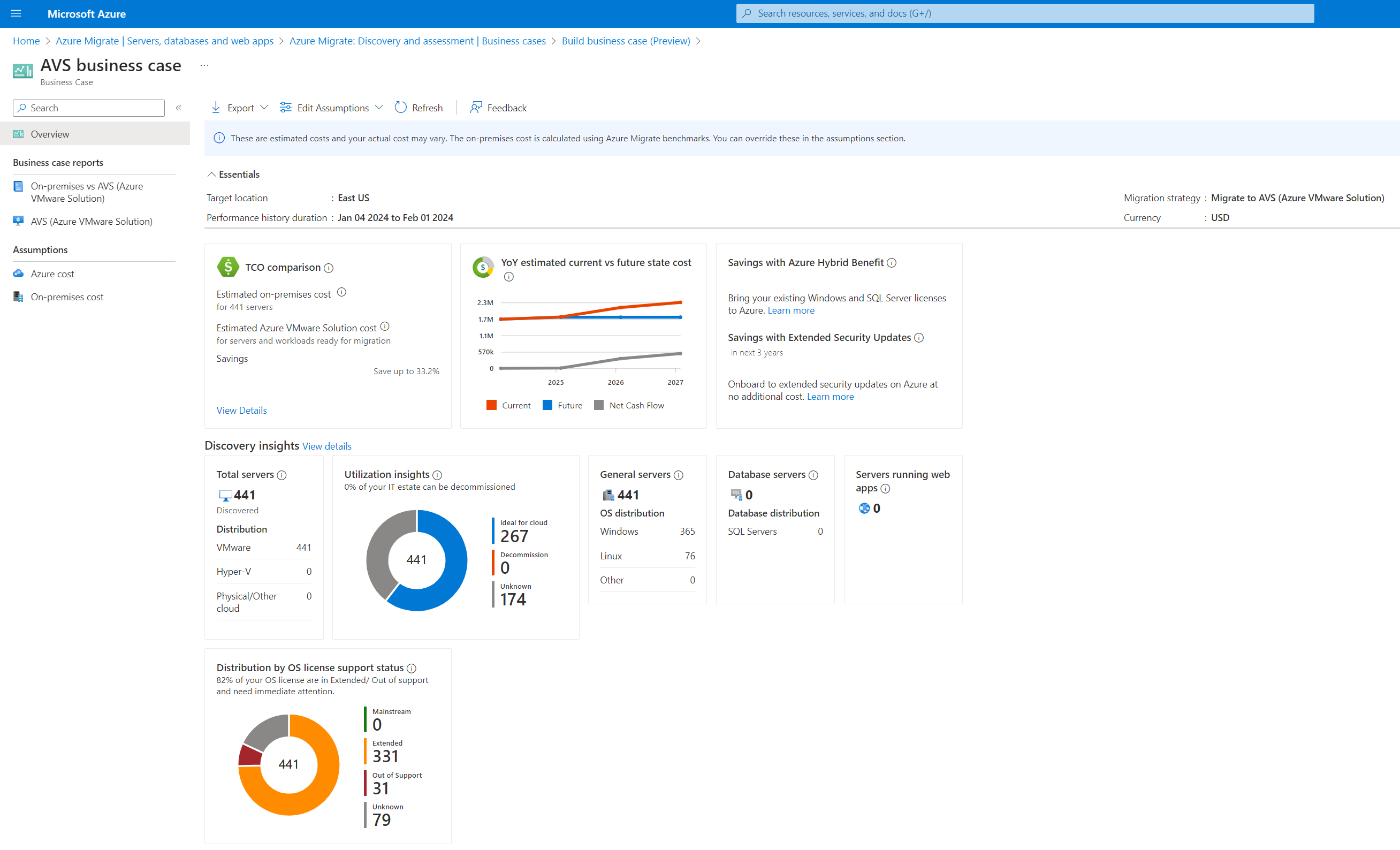 Schermopname van de vergelijking van on-premises en AVS.