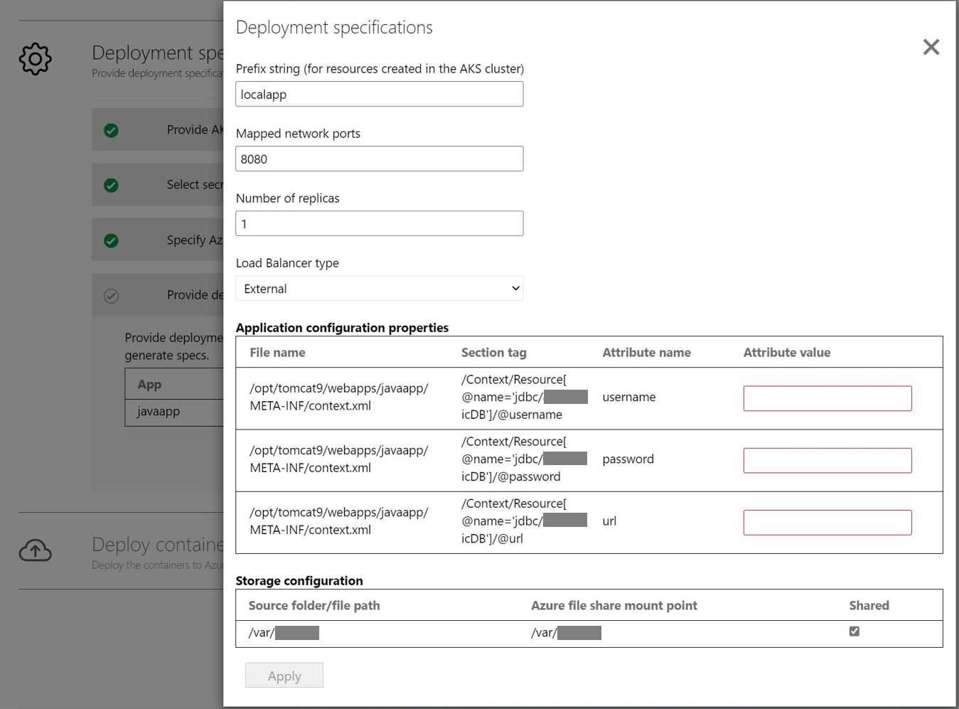 Schermopname van de configuratie van de implementatie-app.