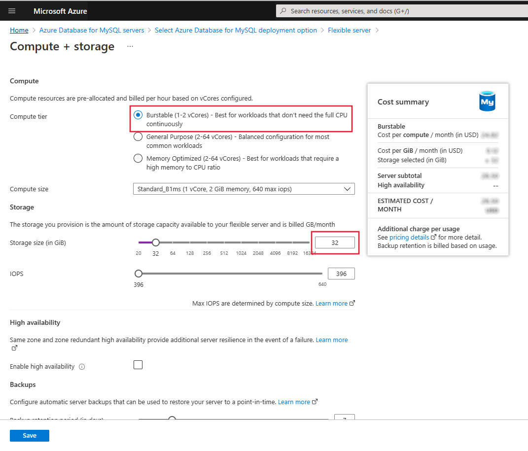 Schermopname van de blade Compute + Storage Configure Server om B1MS SKU en 32 GB Opslag te kiezen.