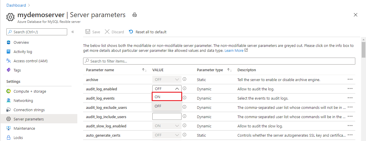 Schermopname van de parameter 'audit_log_enabled' is overgeschakeld naar 'AAN'.