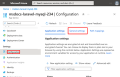 Schermopname van het openen van het tabblad Algemene instellingen op de configuratiepagina van App Service.