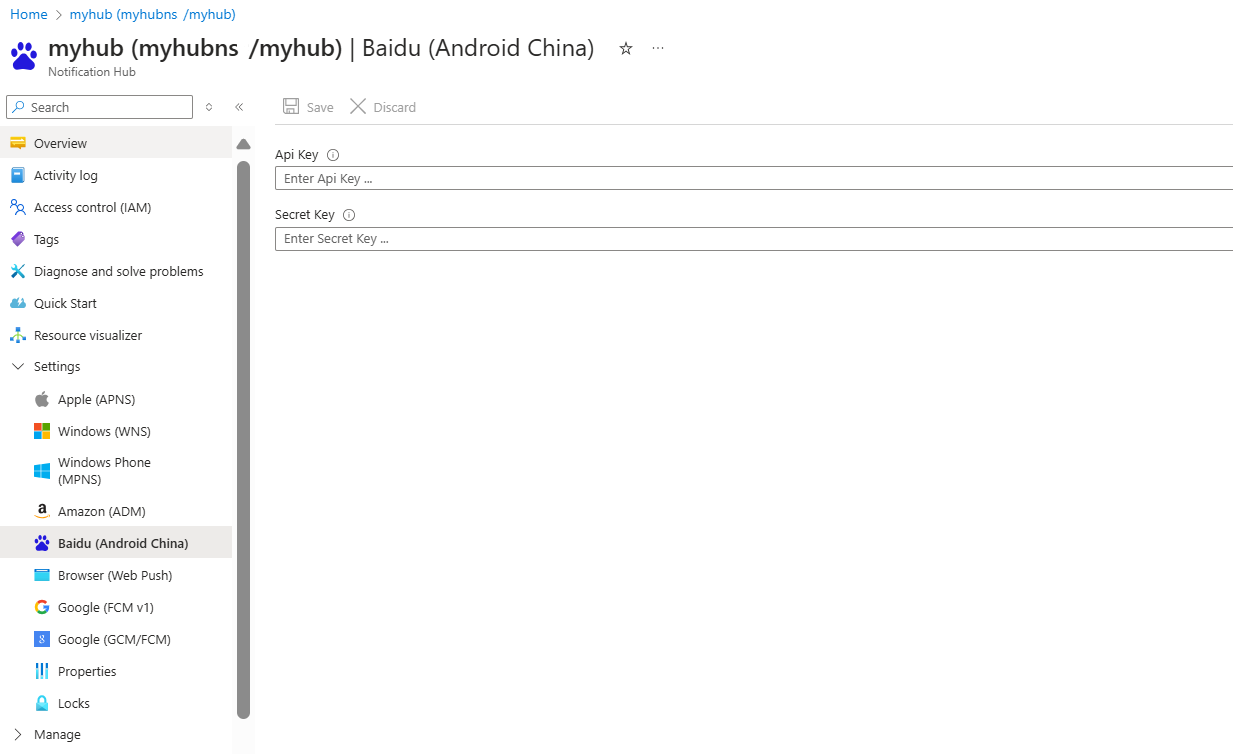 Schermopname van Notification Hubs met de Baidu-configuratie (Android China) voor pushmeldingen.