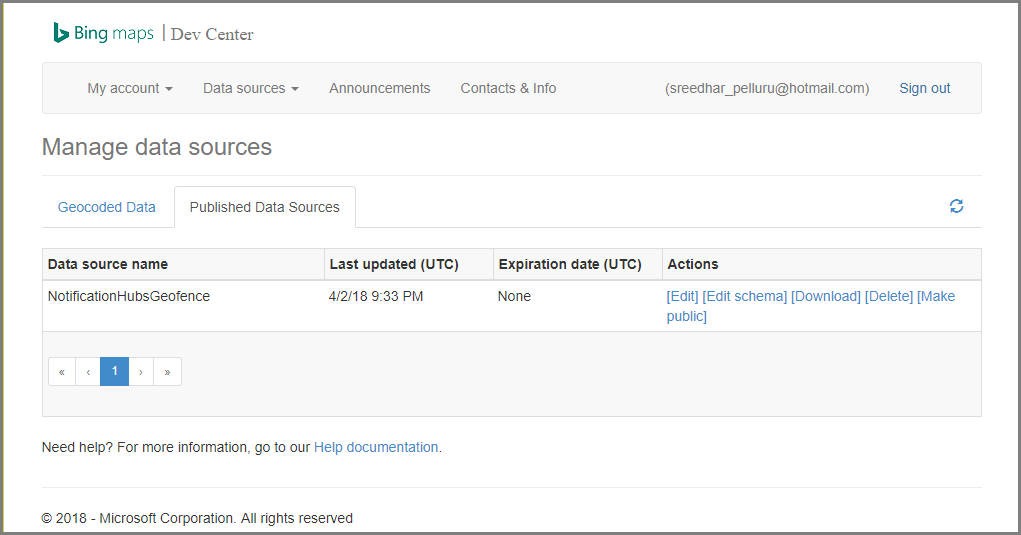 Schermafbeelding van Bing Maps Dev Center op de pagina ‘Manage Data Sources’ met het tabblad ‘Published Data Sources’ geselecteerd.