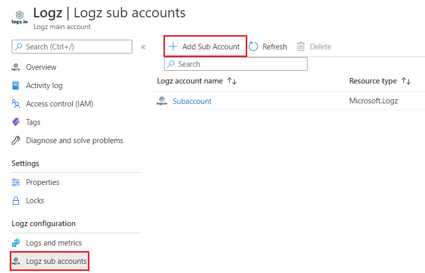 Maak een Logz.io subaccount op basis van de Logz-configuratie.