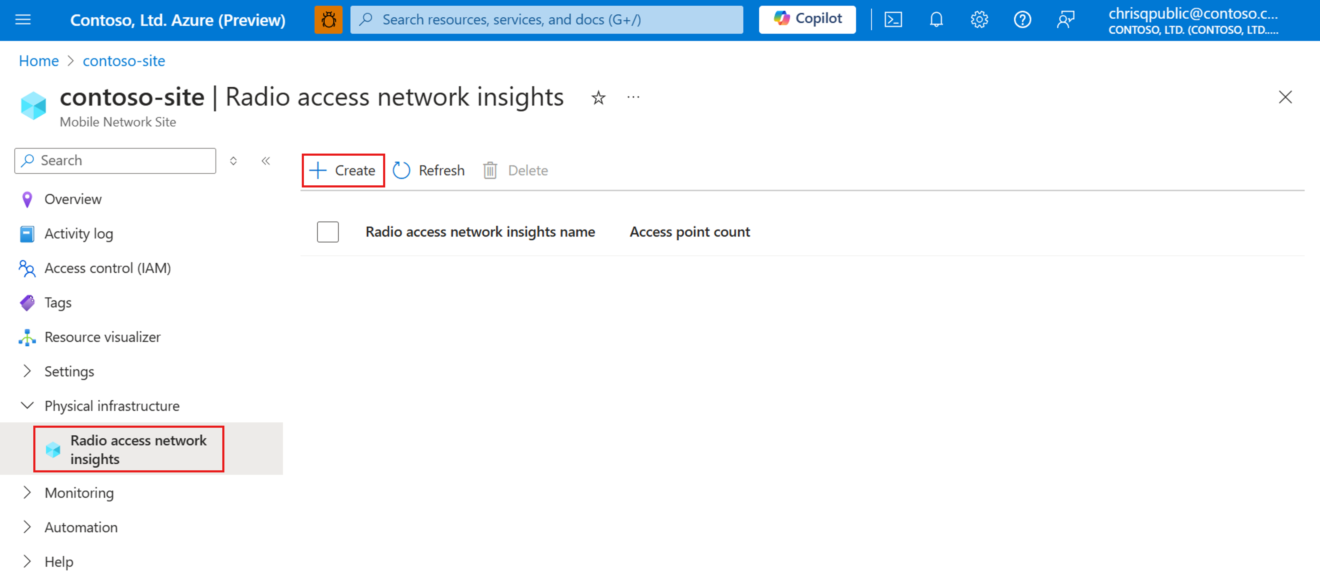 Schermopname van Azure Portal met het maken van een RAN Insight-resource op de siteresource.