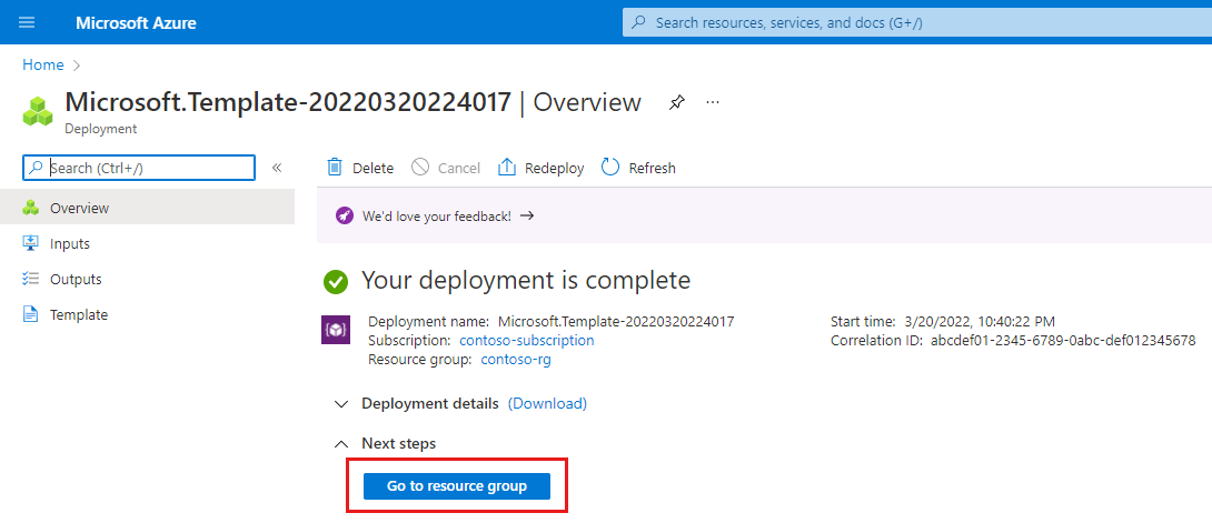 Schermopname van Azure Portal met een implementatiebevestiging voor de ARM-sjabloon.