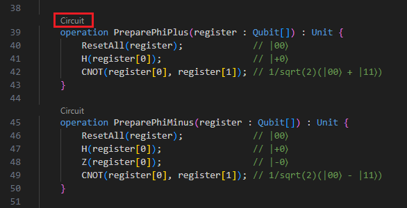 Schermopname van Visual Studio Code die laat zien hoe u de circuits in het Q# deelvenster Circuits kunt visualiseren nadat het programma is opgespoord.