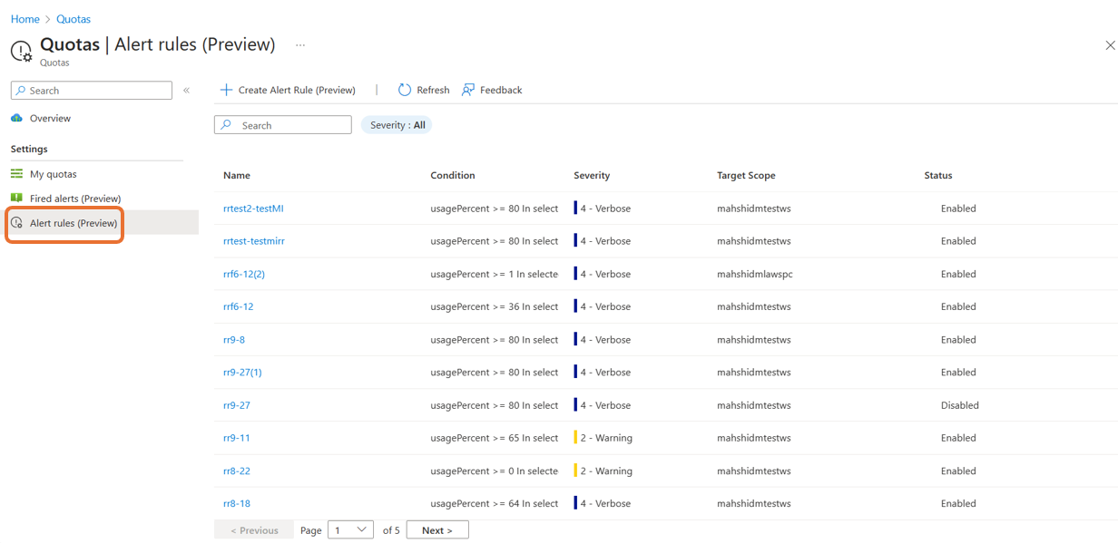 Schermopname die laat zien hoe het scherm van de waarschuwingsregel voor quota in Azure Portal wordt weergegeven.