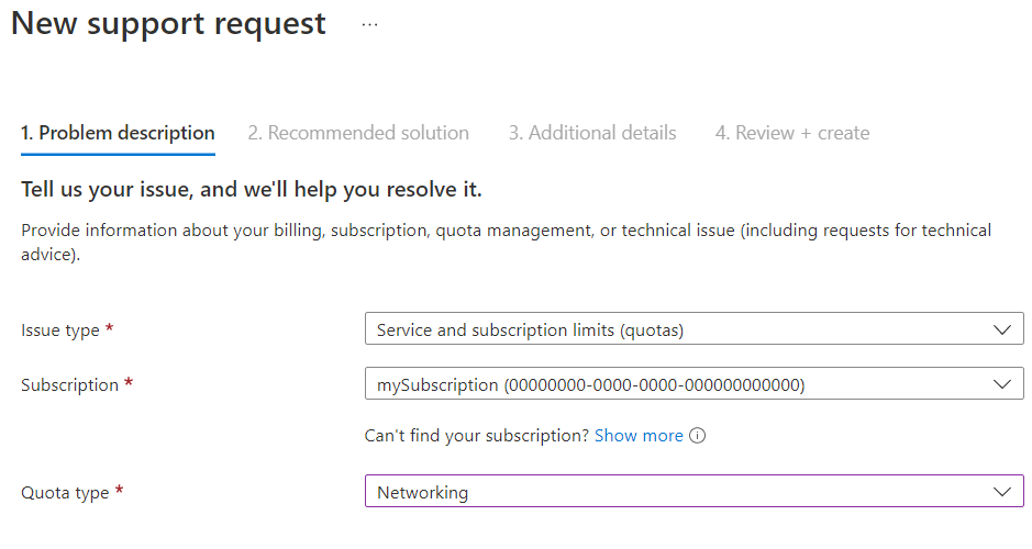 Schermopname van een ondersteuningsaanvraag voor netwerkquota in Azure Portal.