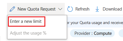 Schermopname van de optie Een nieuwe limiet invoeren in Mijn quota in Azure Portal.