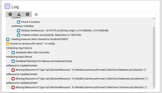 Screenshot shows the Log panel, which displays log messages.