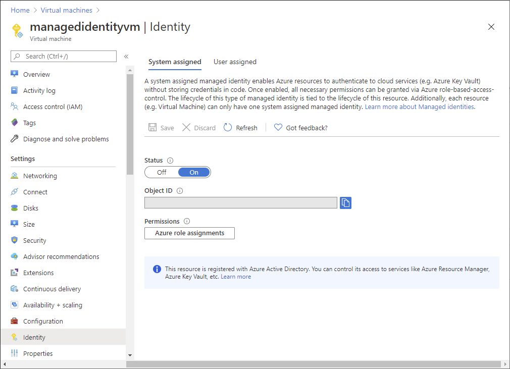 Schermopname van door het systeem toegewezen beheerde identiteit.