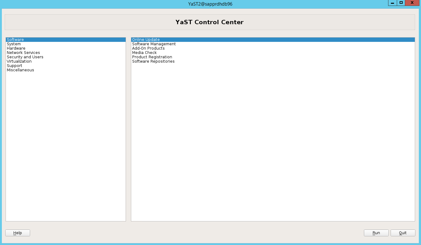 Schermopname van het YaST-beheercentrum met Software en Online-update geselecteerd.