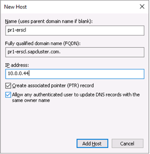 Afbeelding 1A: Definieer de DNS-vermelding voor de virtuele naam van het SAP ASCS/SCS-cluster en het TCP/IP-adres