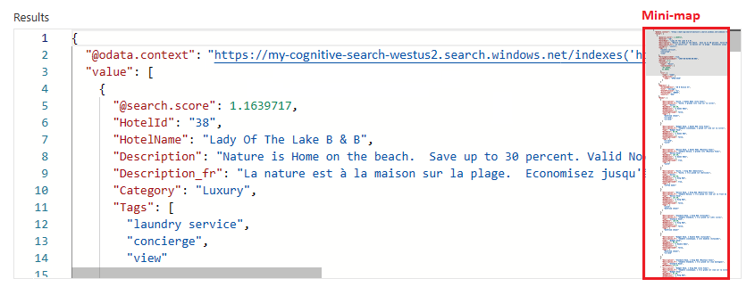 Schermopname met lange resultaten voor een query in het hulpprogramma Search Explorer en de minikaart.