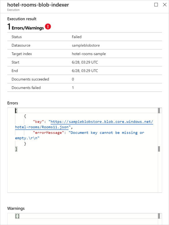 Details van de indexeerfunctie met fouten