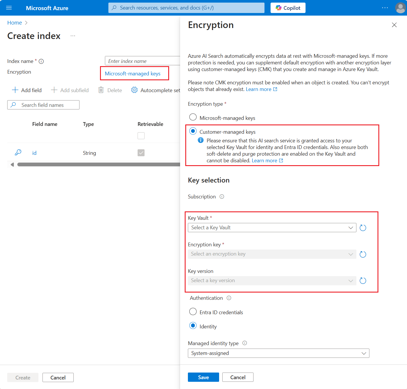 Schermopname van de pagina versleutelingssleutel in Azure Portal.