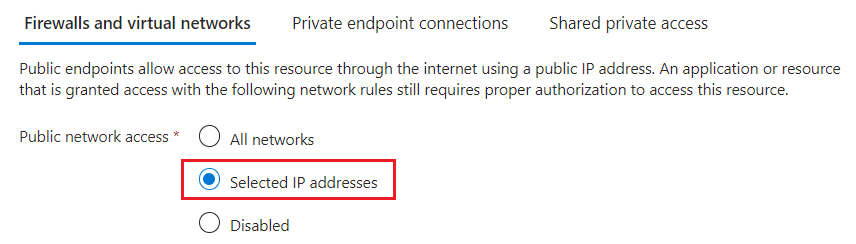 Schermopname van de netwerktoegangsopties in Azure Portal.