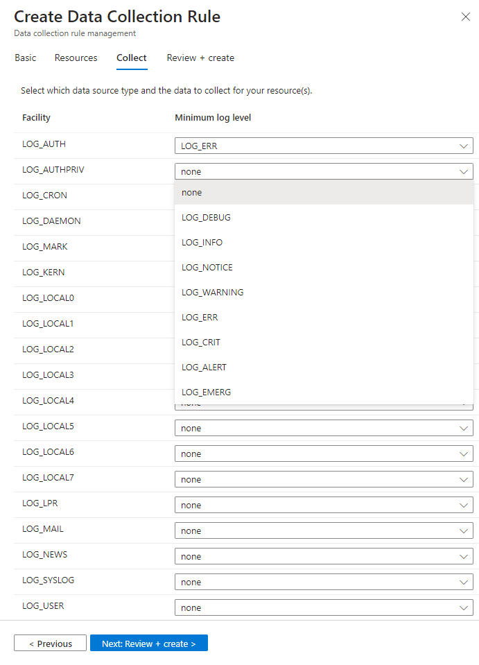 Schermopname die laat zien hoe u logboekniveaus selecteert bij het instellen van de DCR.