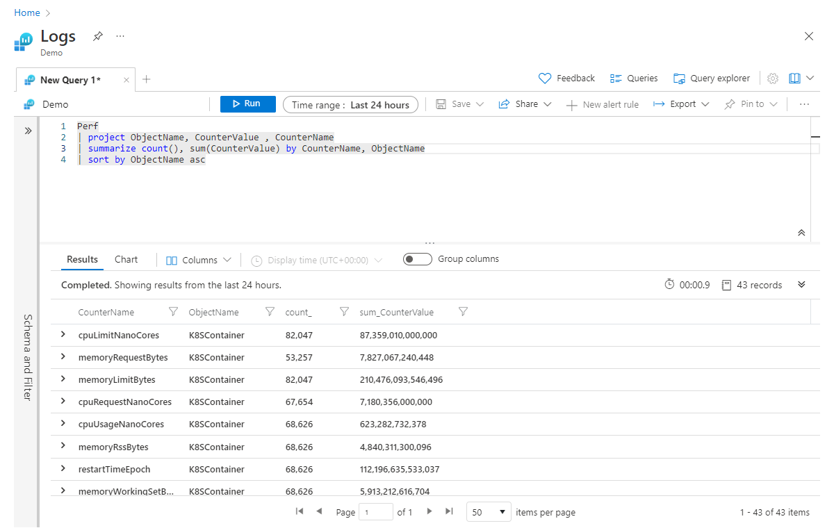 Schermopname van de resultaten van de samenvattende operator met meerdere aggregaties.