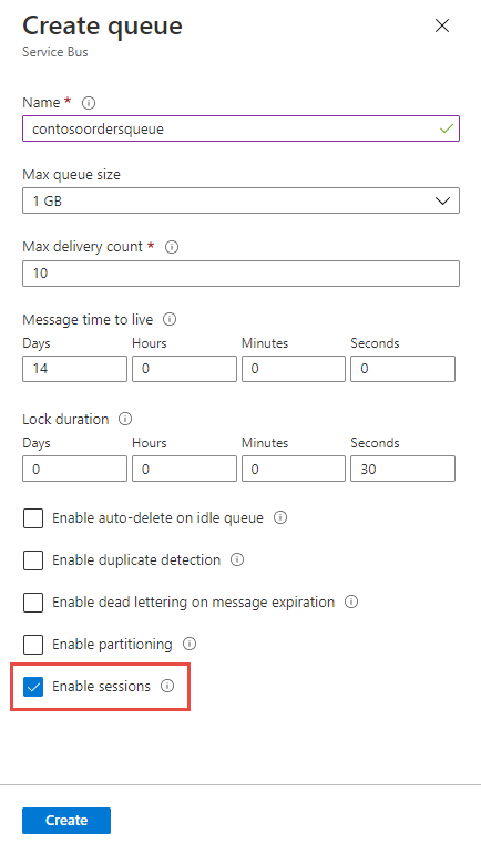 Enable session at the time of the queue creation