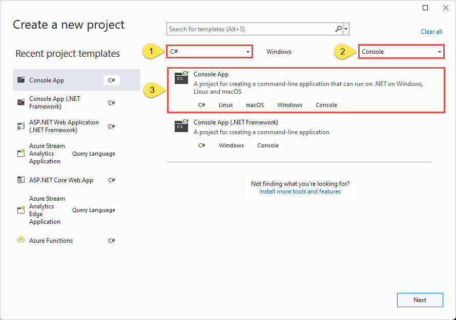 Afbeelding van het dialoogvenster Een nieuw project maken met C# en Console geselecteerd