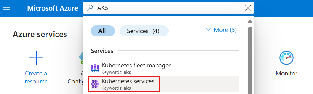 Schermopname van Azure Portal, waarbij u een AKS-cluster selecteert.