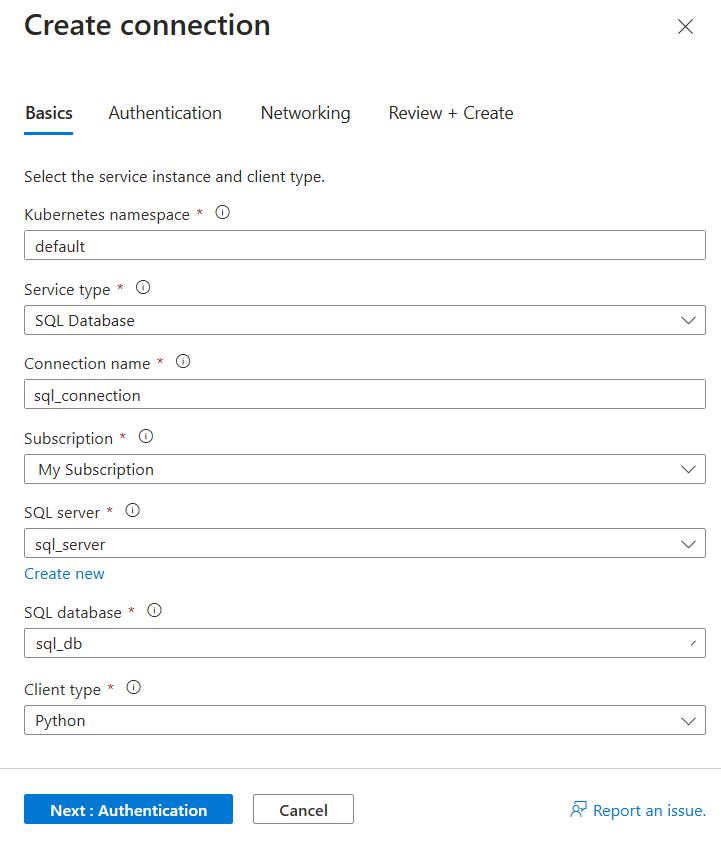 Schermopname van Azure Portal met het formulier voor het maken van een nieuwe verbinding met een SQL-database in AKS.