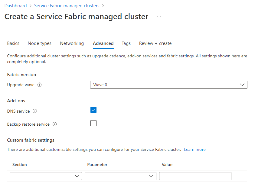 Kiezen tussen verschillende beschikbare golven bij het maken van een nieuw cluster in Azure Portal via de opties Geavanceerd