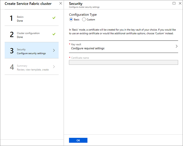 Schermopname van beveiligingsconfiguraties in Azure Portal.