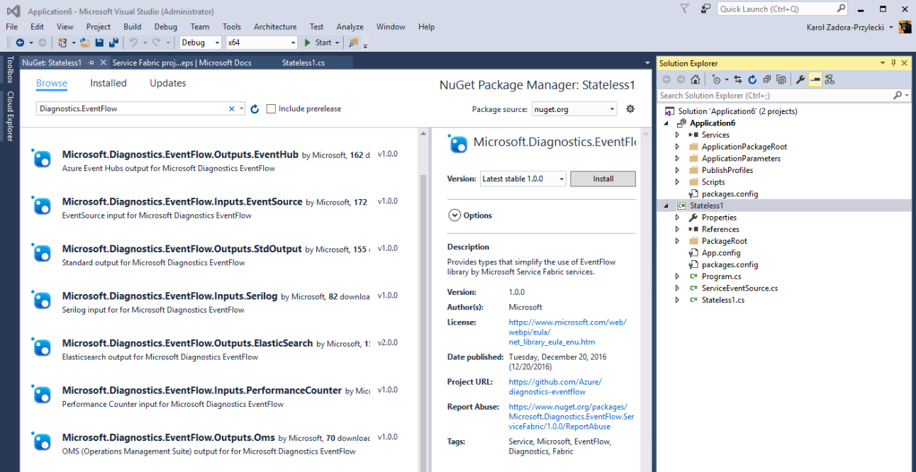 EventFlow NuGet-pakketten in de gebruikersinterface van Visual Studio NuGet-pakketbeheer