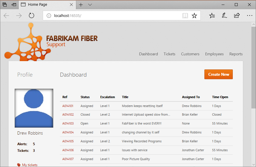 Schermopname van de startpagina van de Fabrikam Fiber CallCenter-toepassing die wordt uitgevoerd op de lokale host. De pagina toont een dashboard met een lijst met ondersteuningsgesprekken.