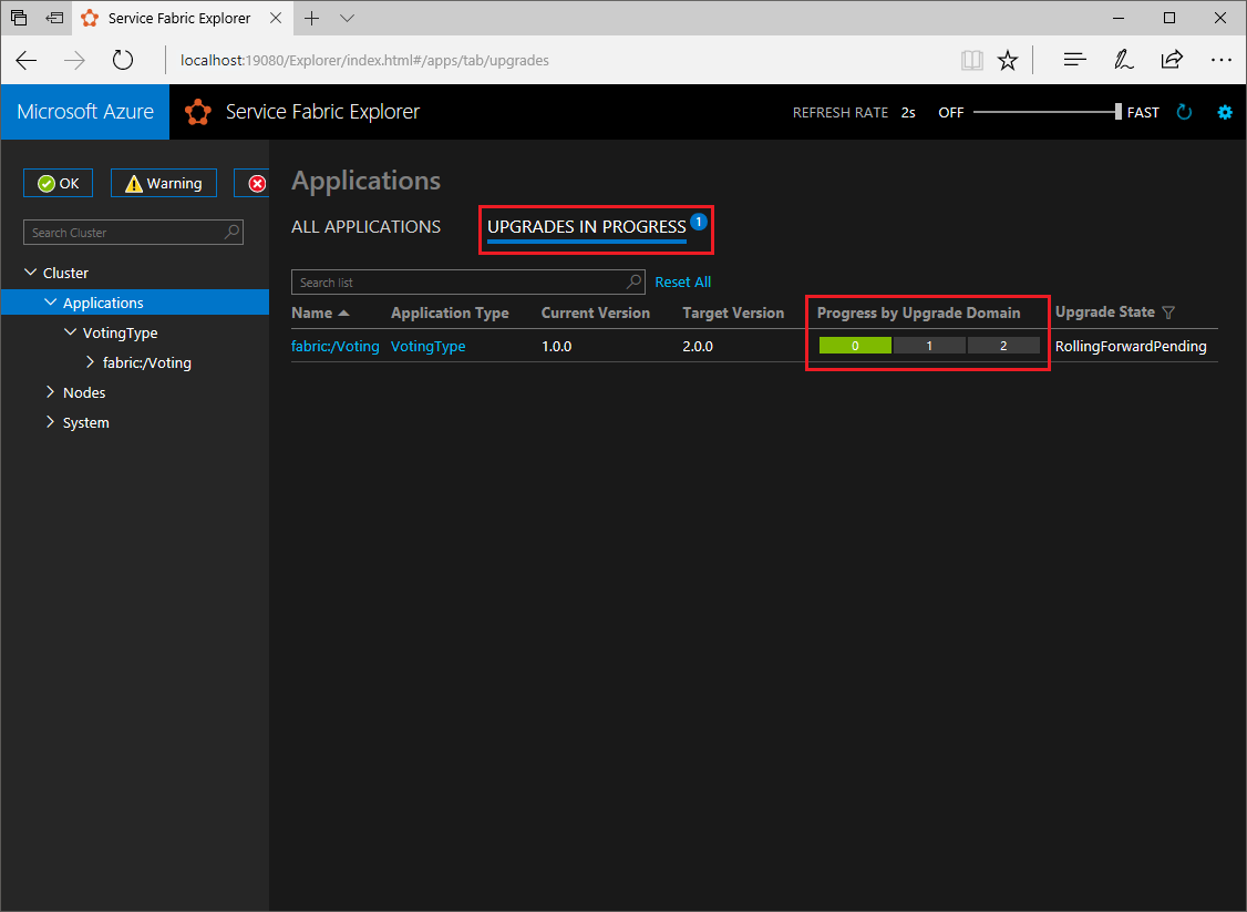 Weergave van de upgrade in Service Fabric Explorer